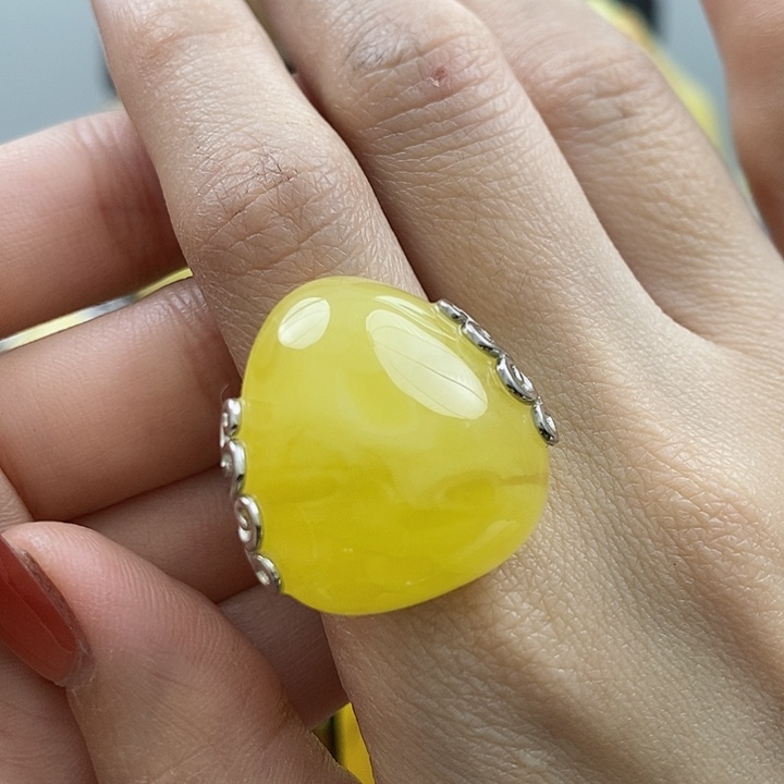 琥珀戒指银S925镶嵌戒指