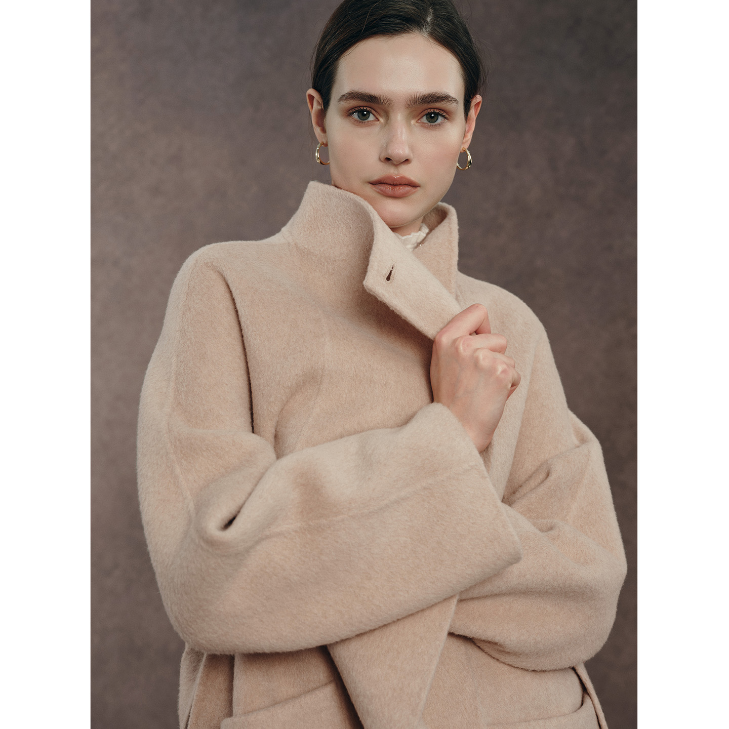 小岛微风“草莓奶昔”羊毛蚕丝骆驼绒一粒扣叠襟双面呢大衣WT102905