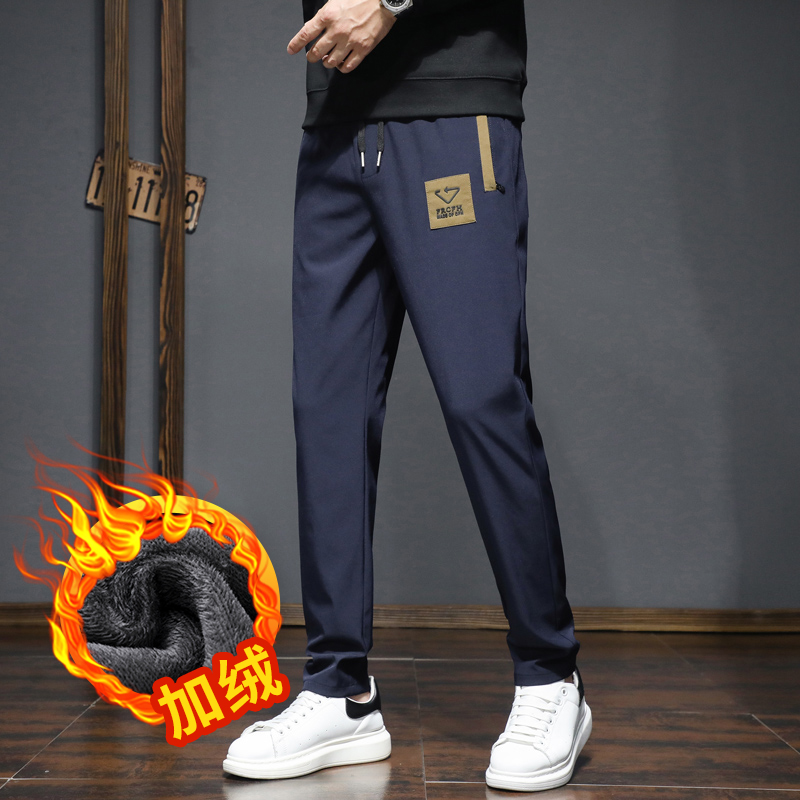 秋冬款男士休闲直筒裤弹力松紧腰平角裤百搭宽松时尚加绒加厚长裤