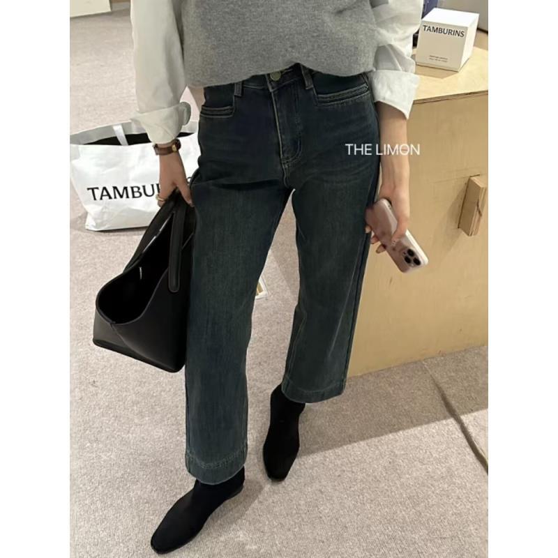 9928#窄版直筒加绒牛仔裤女复古时尚休闲显瘦百搭秋冬