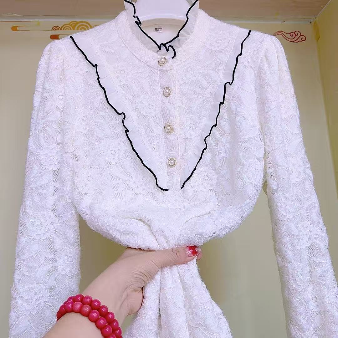 木耳花边时尚立领蕾丝打底衫长袖宽松衬衫显瘦春秋冬款蕾丝衫