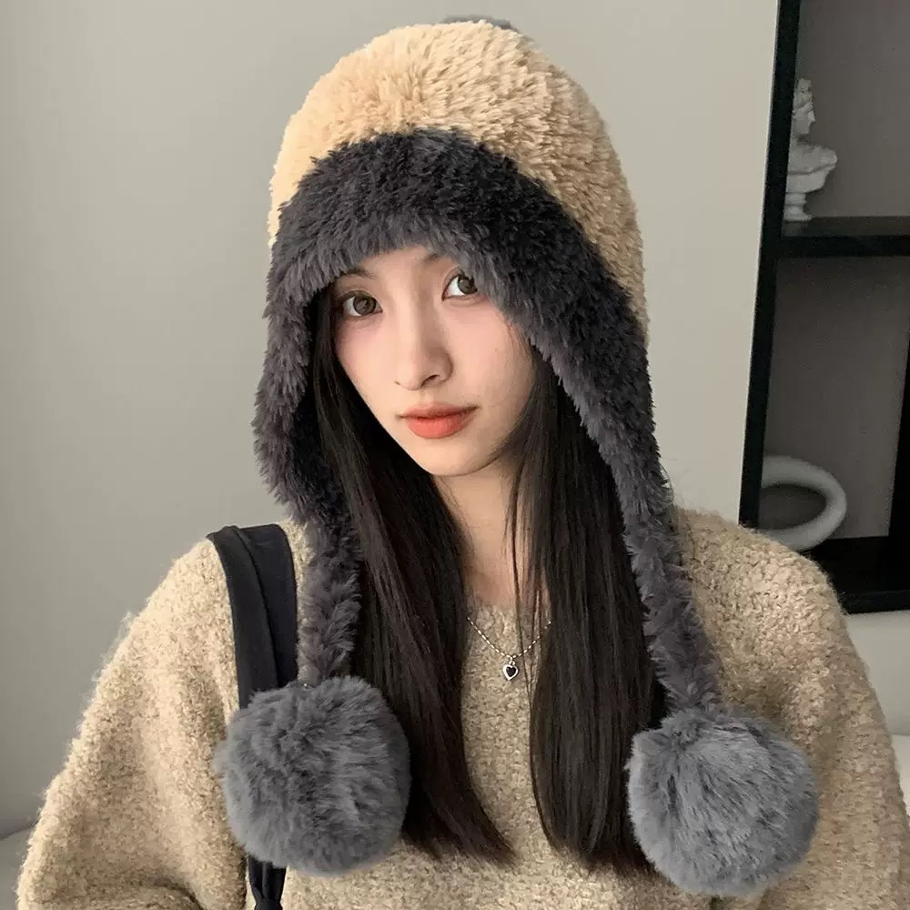 冬季拼色毛绒挂球护耳帽女显脸小保暖百搭