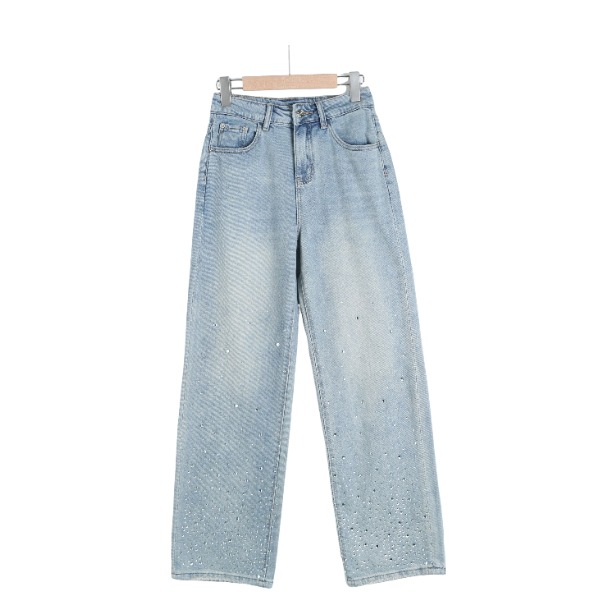 K0123女士牛仔裤蓝色阔腿烫钻直筒裤2025春秋新款休闲百搭宽松