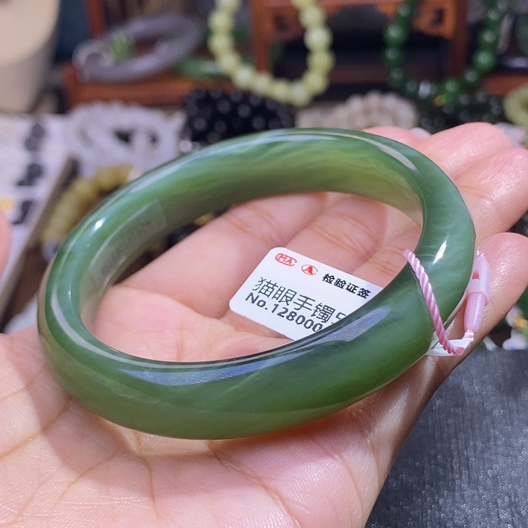 和田玉毕业级老矿料碧玉猫眼手镯58未镶嵌