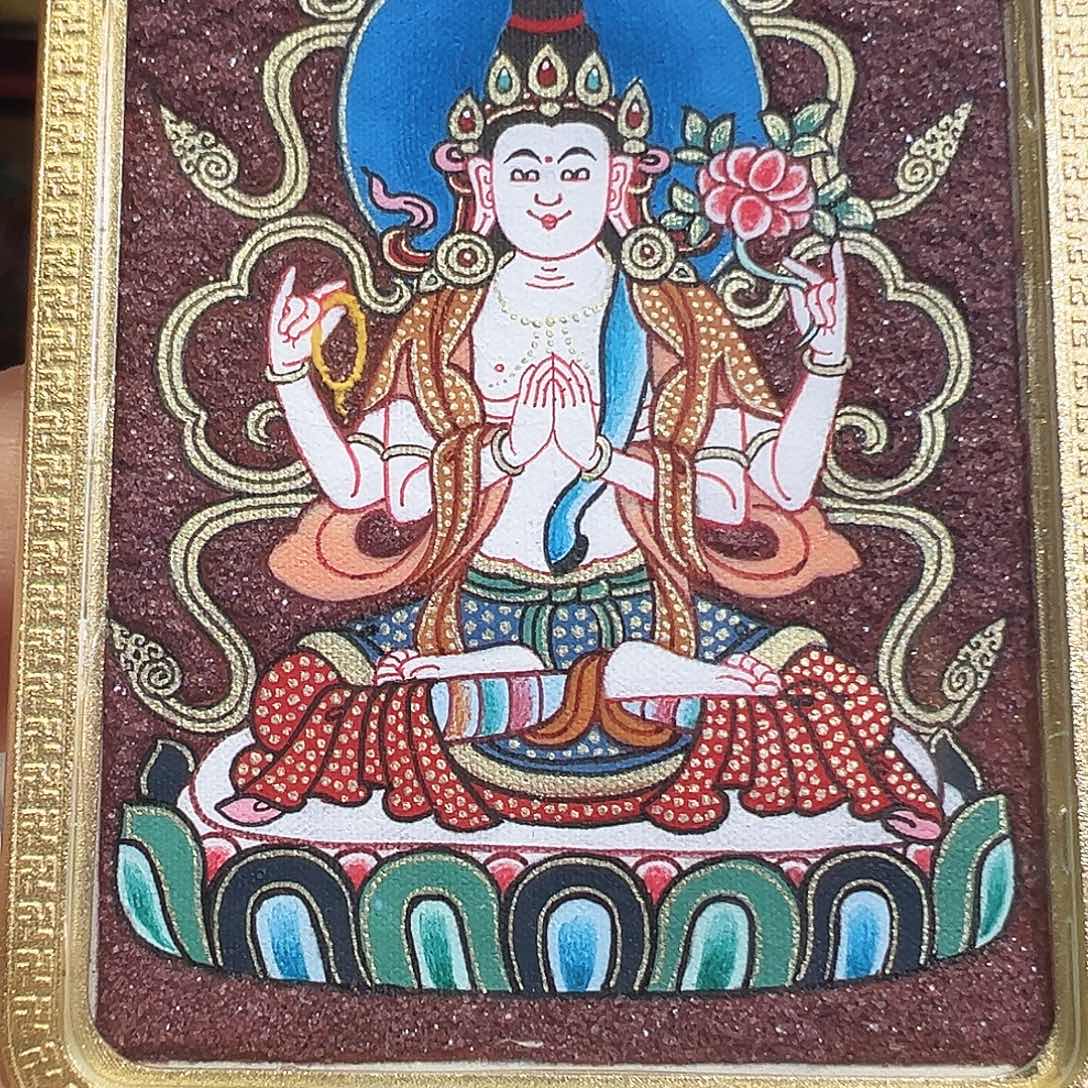 吊坠手绘唐卡四臂观音