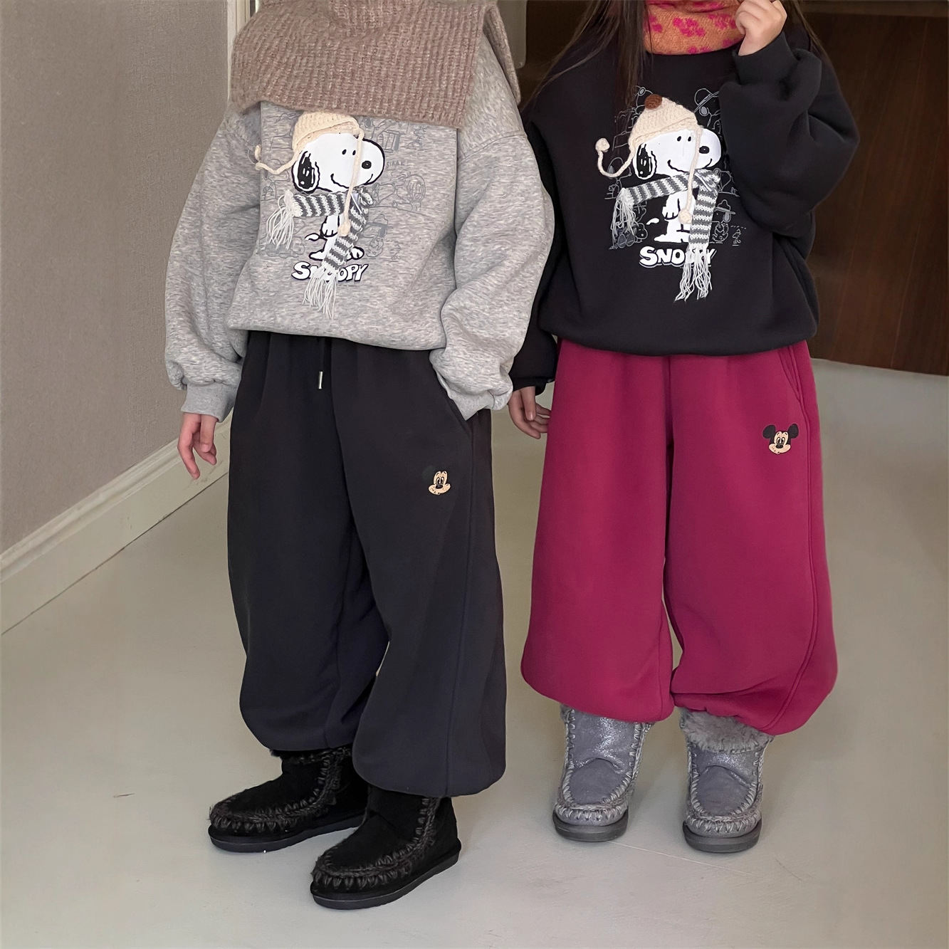 儿童米奇印花加绒卫裤2025冬季新款男女童休闲加厚保暖羊驼绒长裤