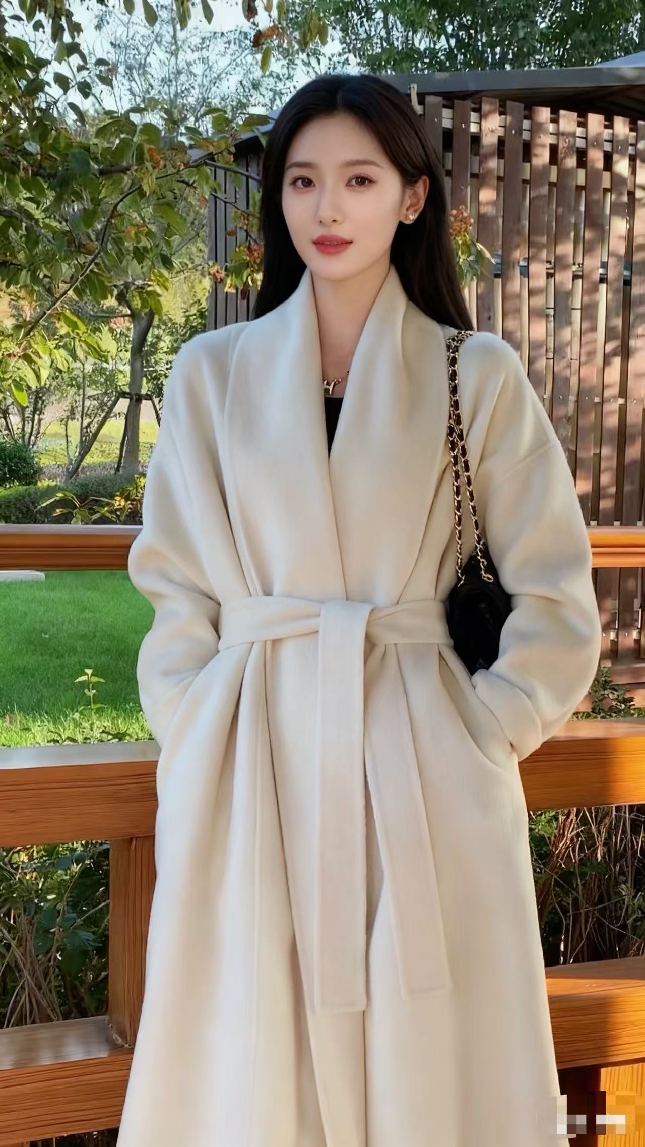 （大长今）双面兔毛大衣青果领街头风西装宽松型长款外套轻奢收腰