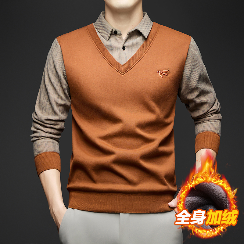 秋冬新款刺绣针织条绒拼接假两件男士商务高端衬衫加绒加厚打底衫