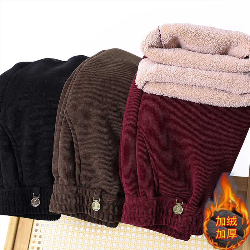 中老年人秋冬装老太太休闲裤女裤奶奶松紧腰灯芯绒加绒保暖长裤子