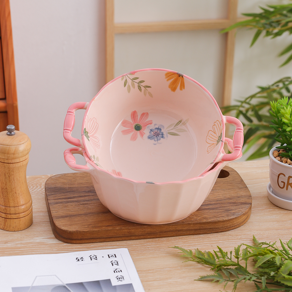 珊瑚海系列小清新家用陶瓷餐具9英寸竹柄花边汤碗（2个装）