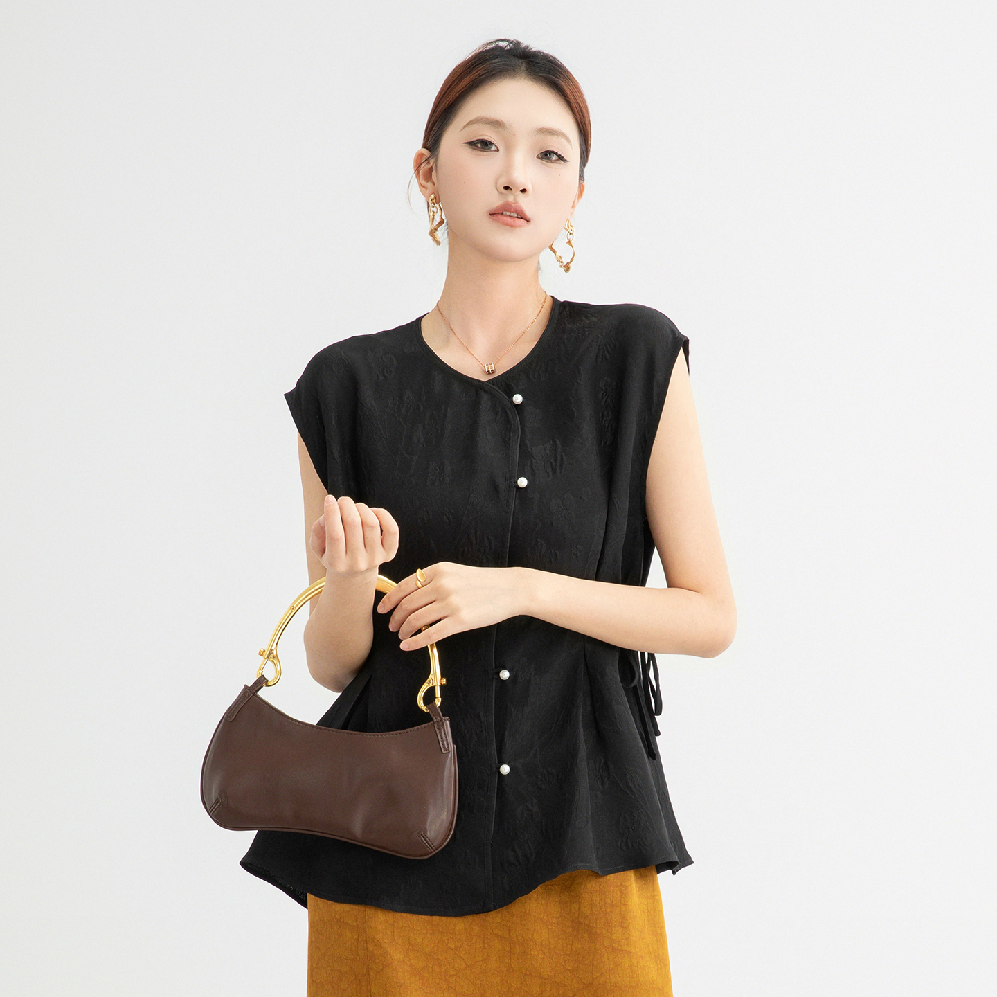 【100桑蚕丝】（墨缎迸蕊 ）新中式提花冠乐缎无袖上衣