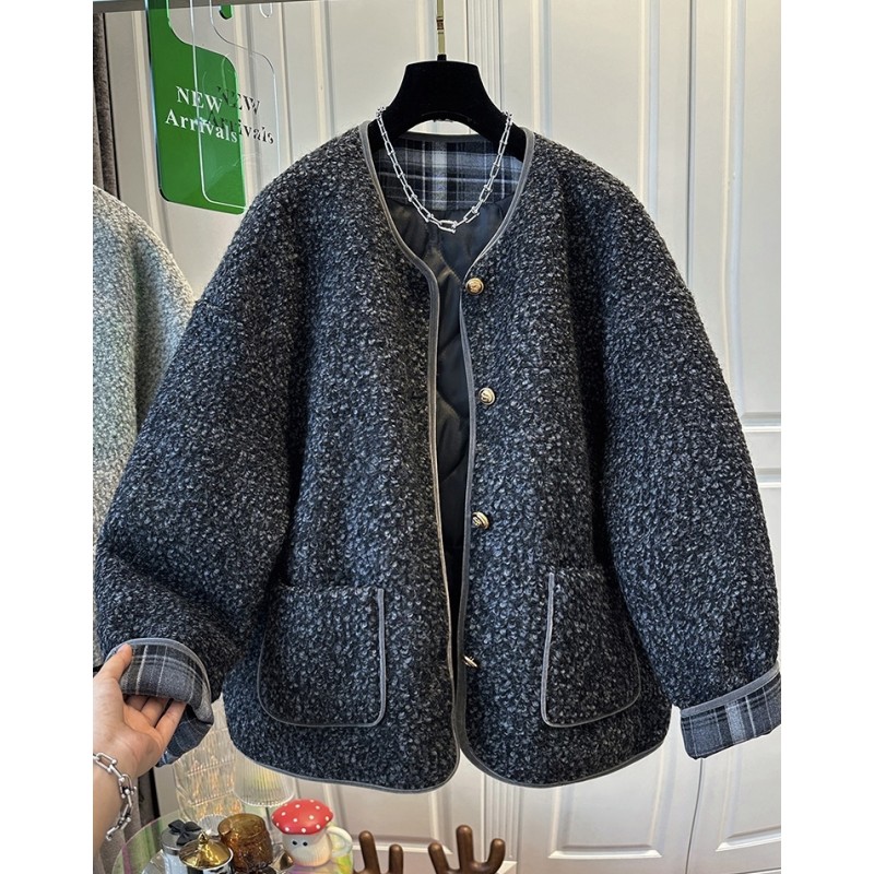 P764法式小香风撞色格子毛茸茸夹棉外套女棉服宽松保暖秋冬新款