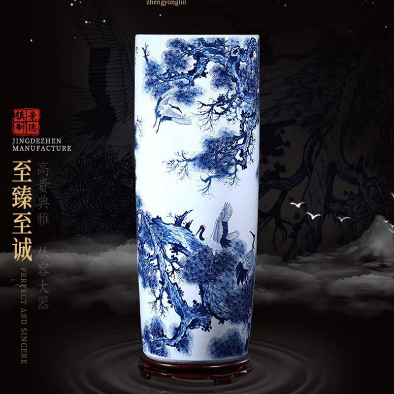 景德镇手绘青花瓷直筒落地大花瓶中式客厅书画缸瓷器装饰箭筒摆件