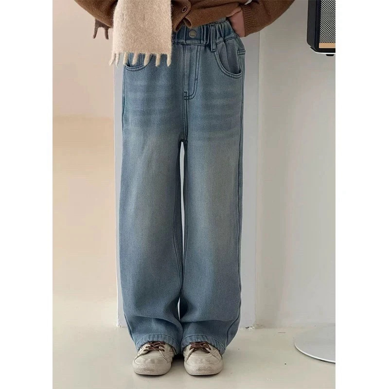 400-1mochier沫弛尔女童加绒加厚秋冬新款樱桃刺绣阔腿牛仔裤