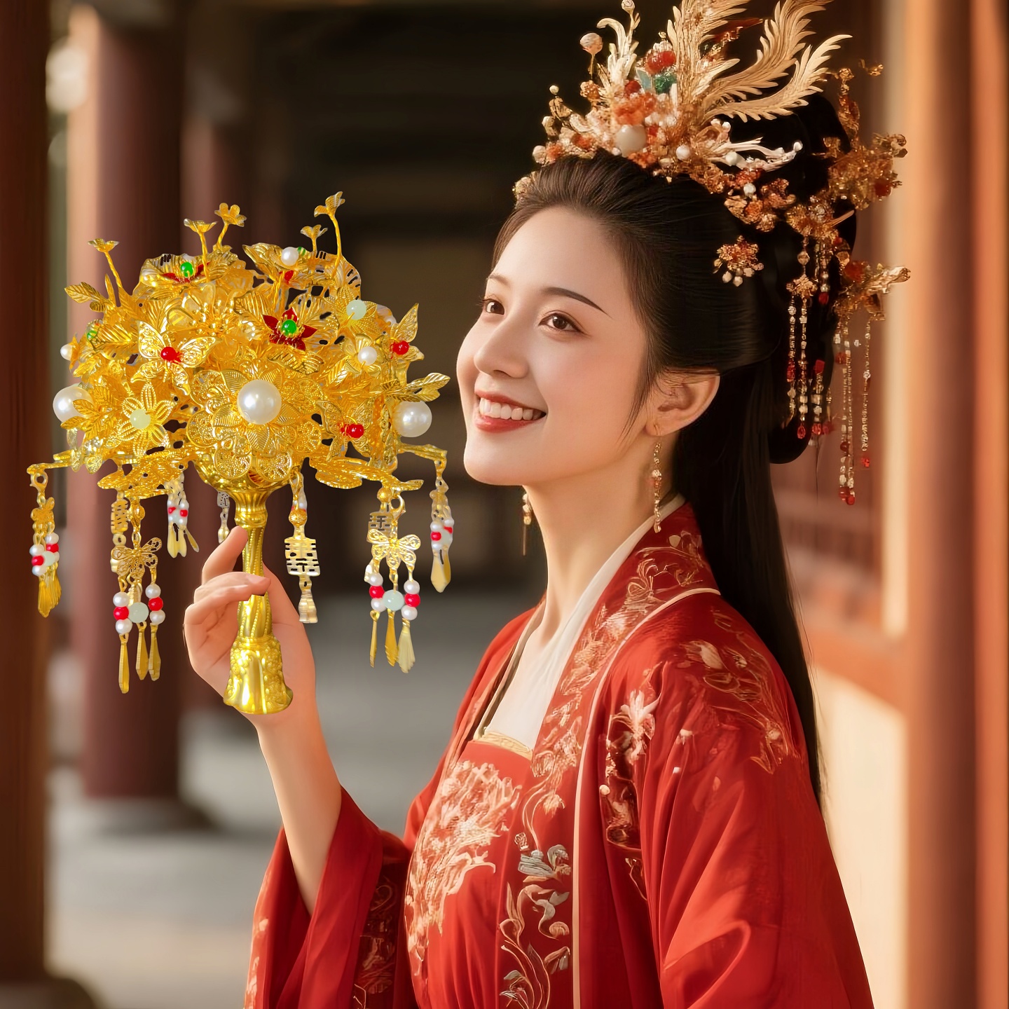 黄金色点翠手捧花新娘结婚礼物婚礼diy团扇新婚秀禾送闺蜜新婚