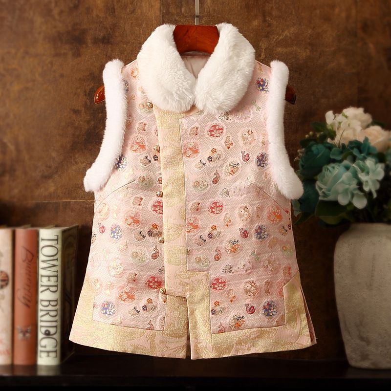 福鱼马夹冬季保暖新中式翻领钉珠夹棉改良马甲短款斜襟背心厚提花