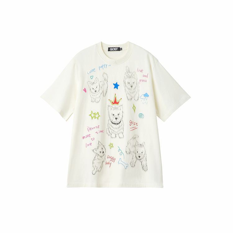 GOST手绘小狗短袖T恤可爱有趣宽松纯棉夏季T卡通圆领休闲百搭男女