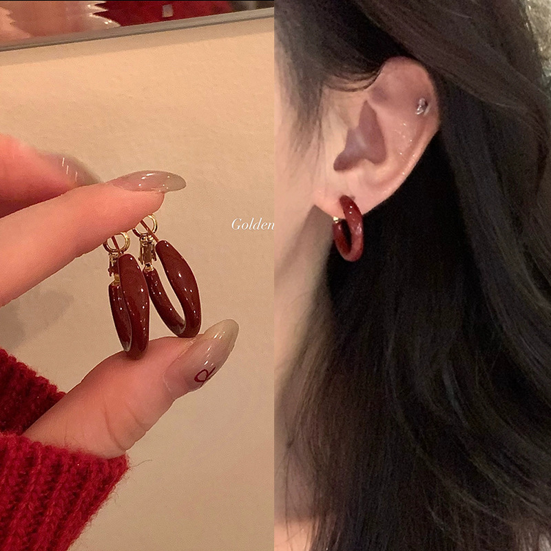 铜合金耳饰 安可拉红色耳圈轻奢高级感百搭气质素圈耳钉耳饰47