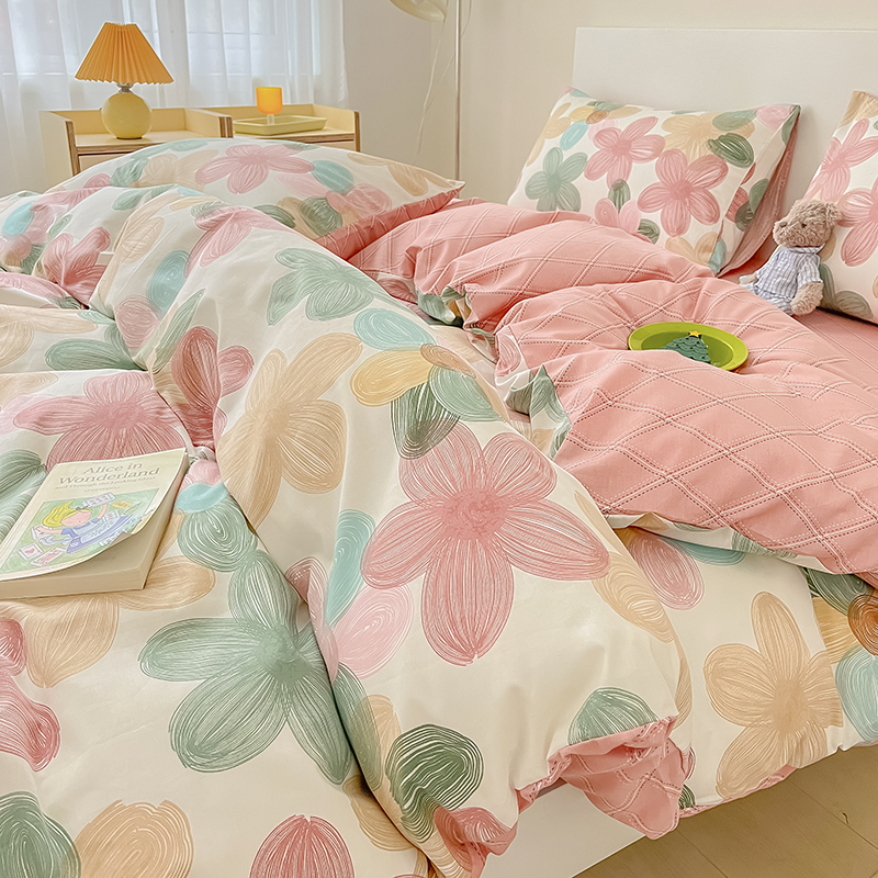 100%全棉小清新纯棉简约四件套斜纹床单被套床上用品四件套yy