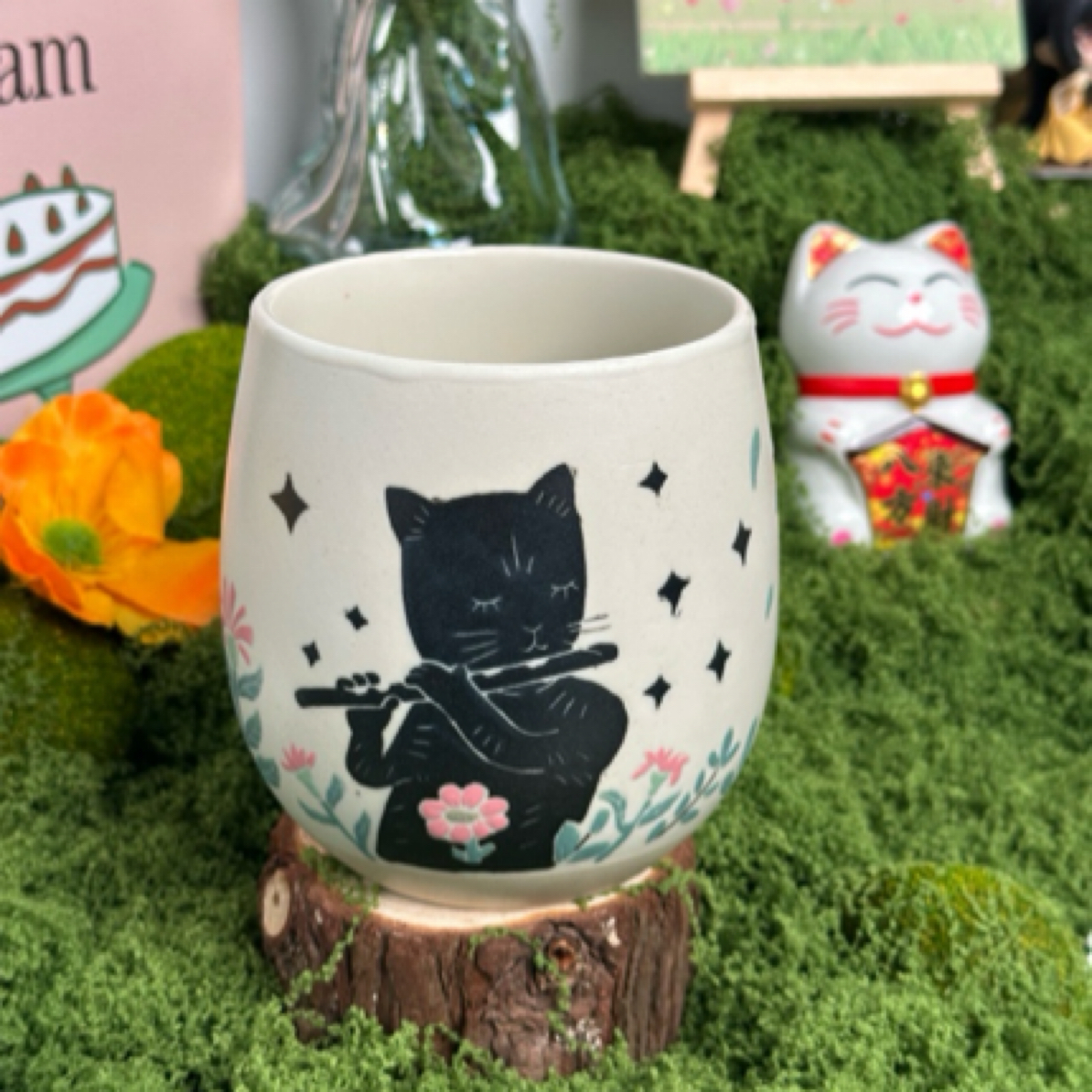 手绘杯冰裂纹卡通可爱黑猫咖啡杯水杯