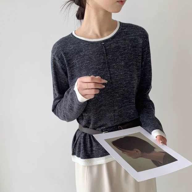 亚麻针织衫2025春季韩版百搭显瘦长袖套头撞色假两件打底T恤9888