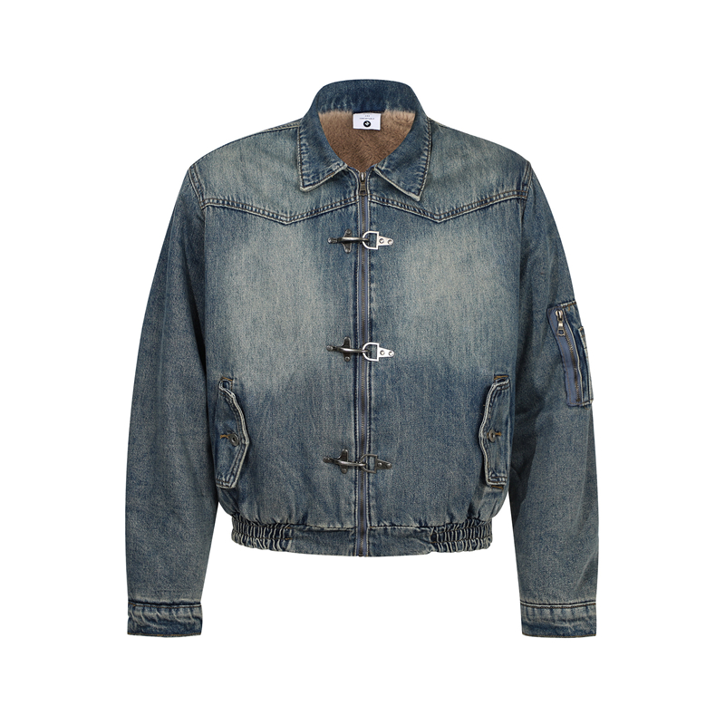 美式复古水洗做旧加厚飞机扣牛仔外套cleanfit短款休闲夹克男女