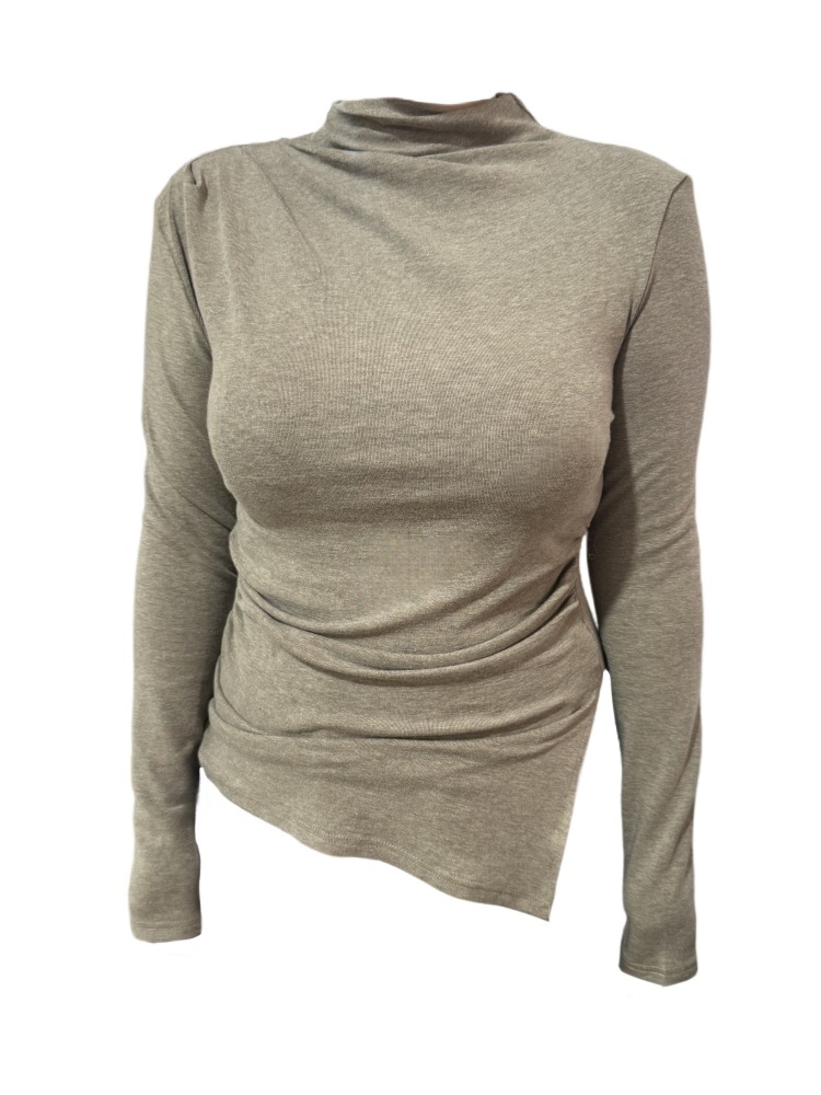 新款潮流女装大码半高领打底衫女内搭T恤设计感下摆开叉显瘦上衣