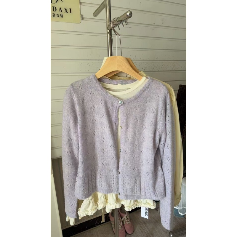 【刘叮铃专属Z001】钩花毛衣开衫春季套装 外套包芯纱-T恤人棉