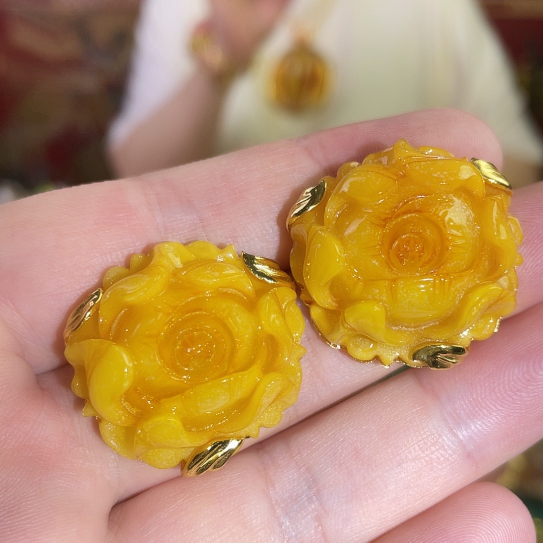 蜜蜡银S925镀金镶嵌耳钉