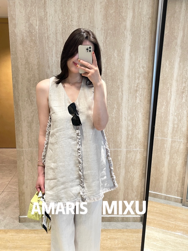 AMARIS MIXU「望岛微风」波嬉风 亚麻流苏毛边无袖连衣裙叠穿背心裙