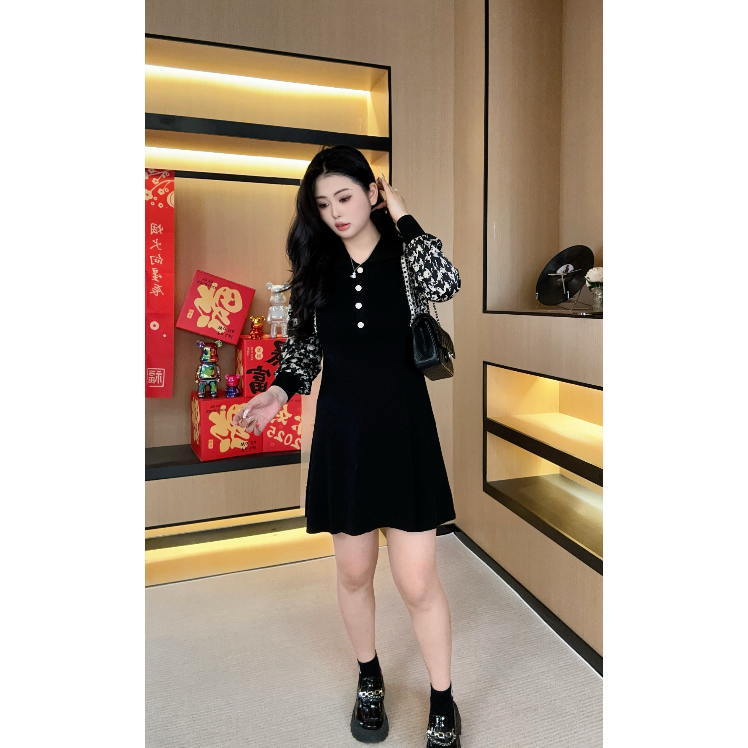 微胖定制~【轻奢名媛】法式时尚设计感拼接针织显瘦小黑裙HC469