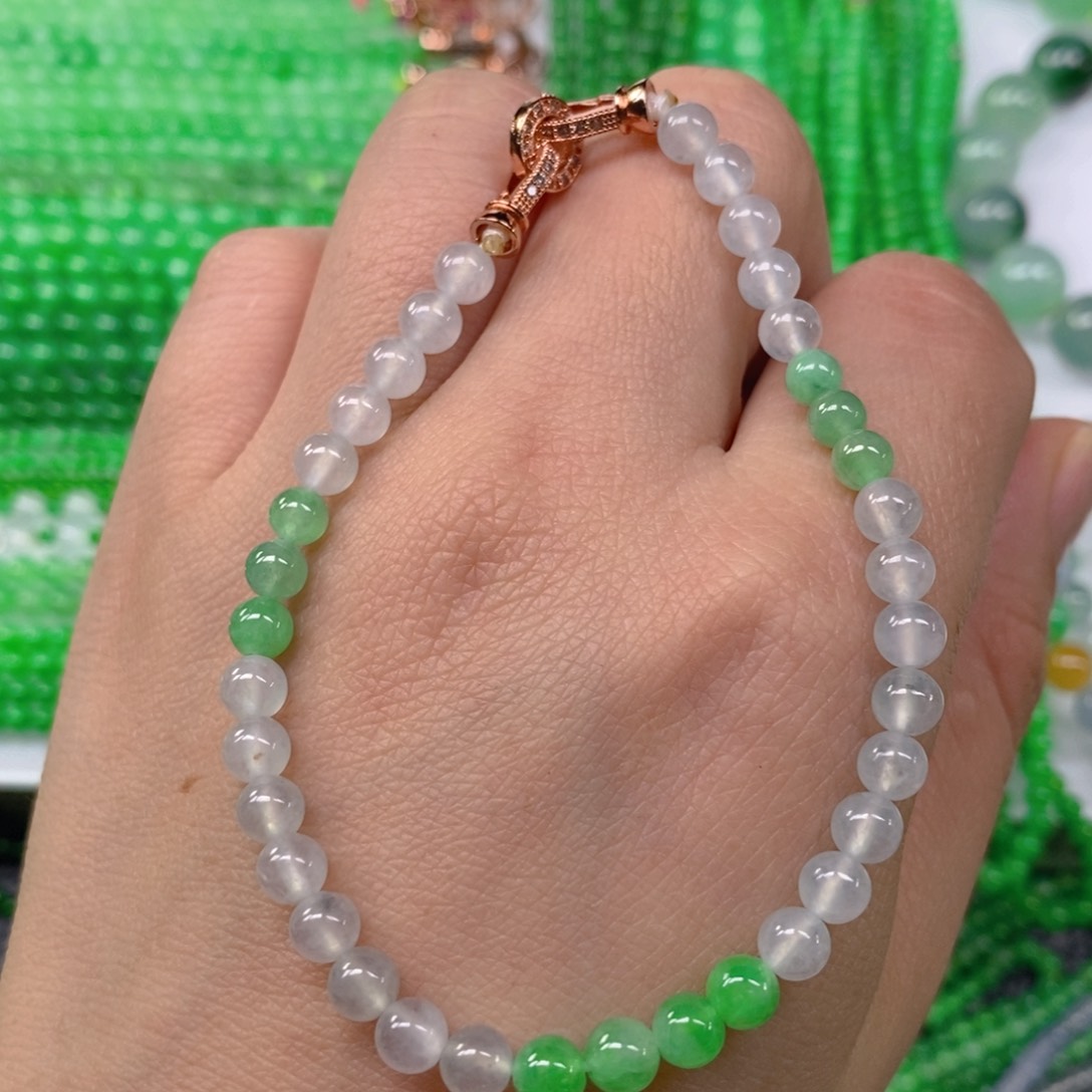 翡翠颈饰未镶嵌缅甸天然翡翠冰种双彩手链5m' m