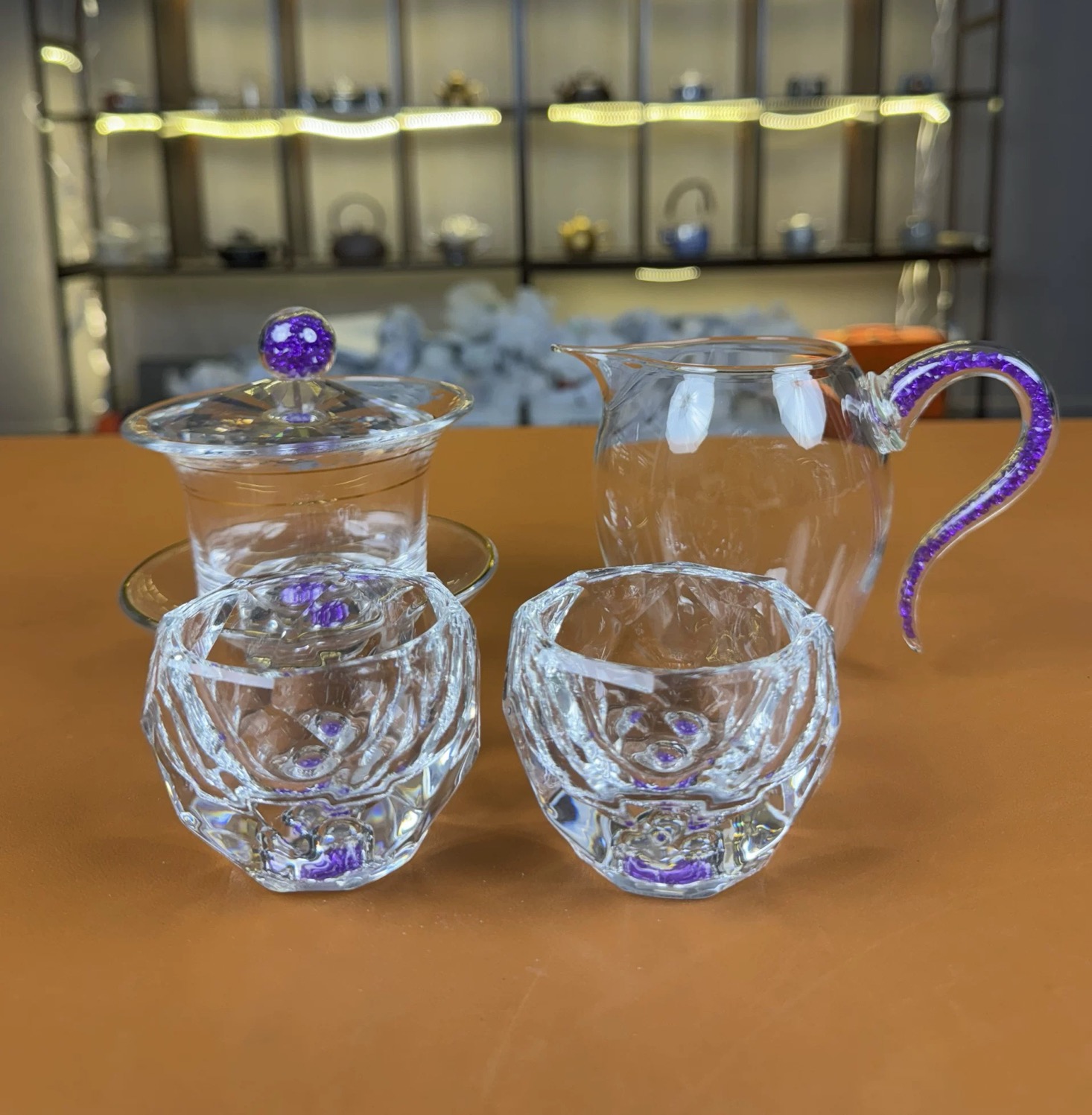 紫松石玻璃三才盖碗+公道杯+两杯-2861