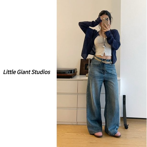 【配腰带】150小个子水洗做旧复古百搭高腰牛仔阔腿裤