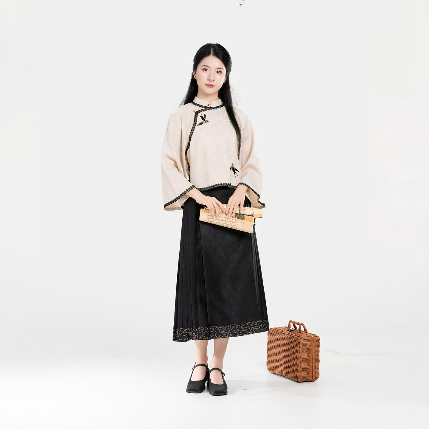 织造司【粉妆楼】斜襟刺绣短衫暗纹提花上衣长袖衬衫汉服女（套装）