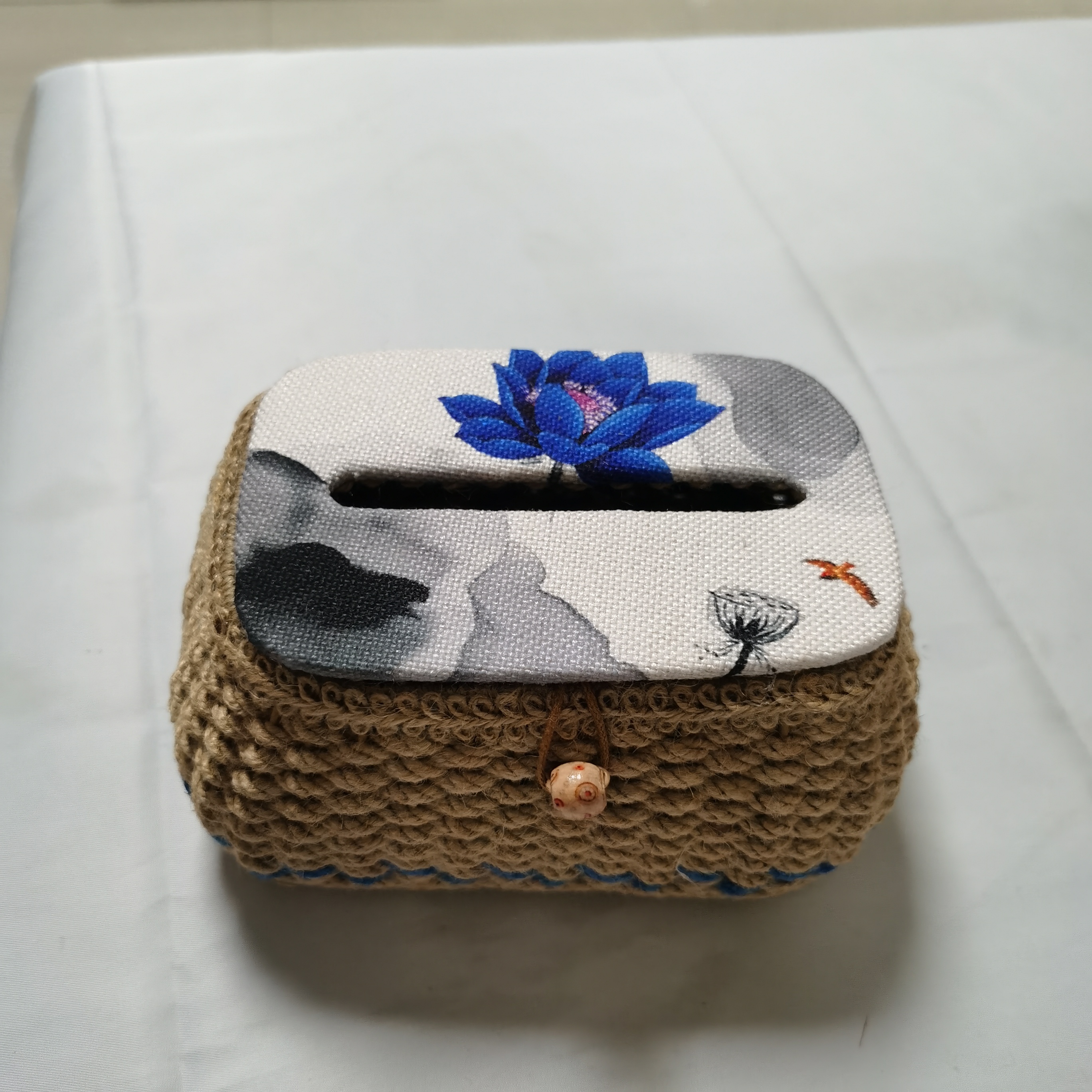 手工编织麻绳带盖复古纸巾盒客厅桌面家用收纳