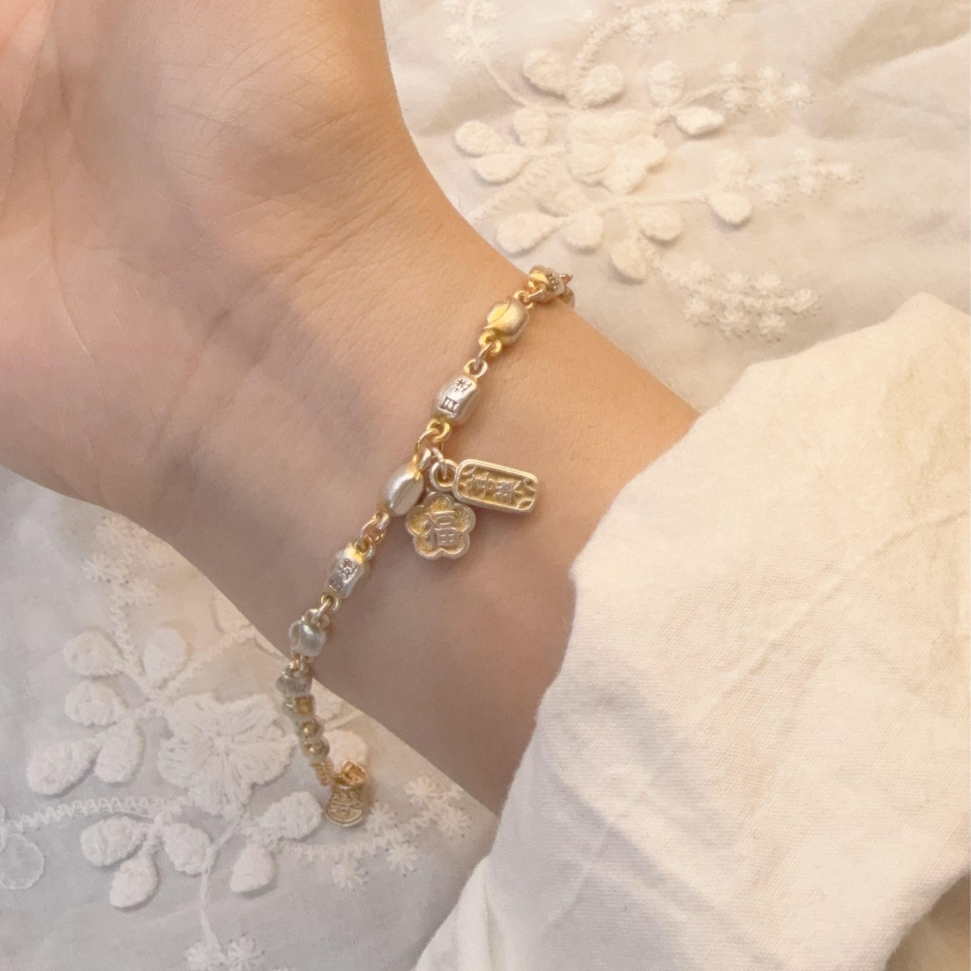 足银手链 足银999满串元宝日进斗金桃花福滴流龙猫牌描金手链上新