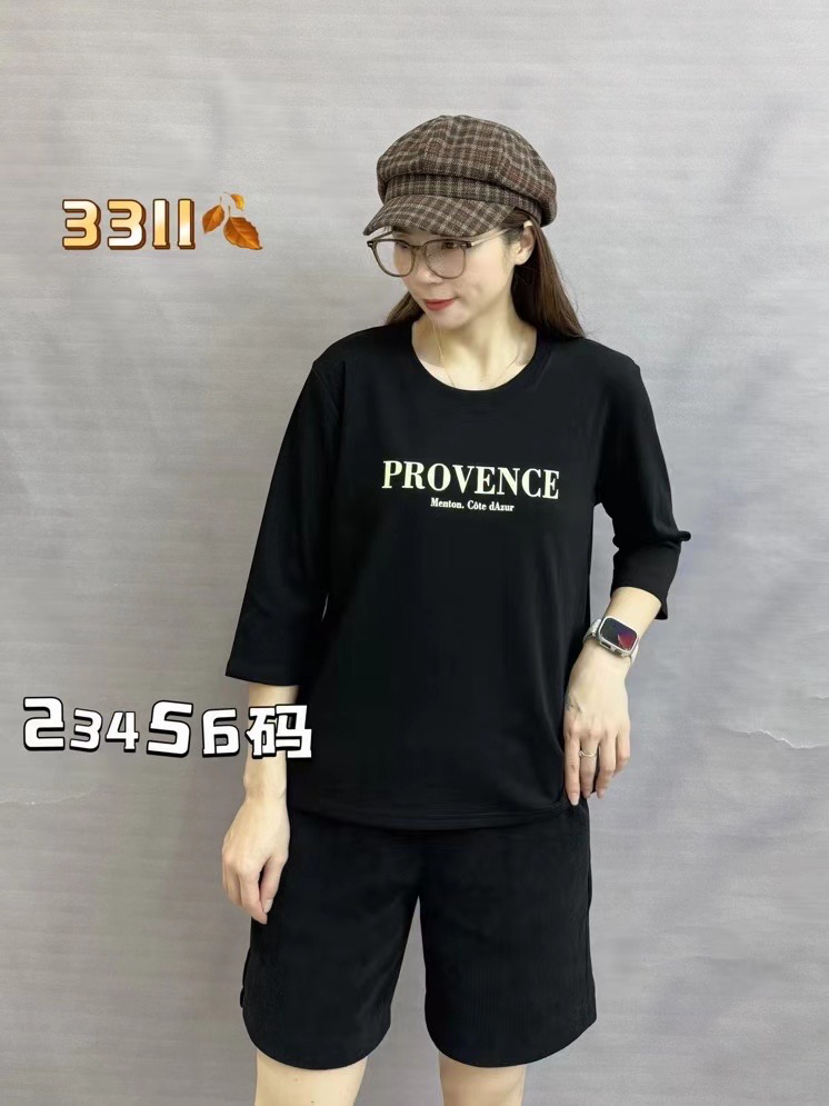 彩衣蝶五分袖圆领法式不起球七分袖T恤休闲时尚印花韩版
