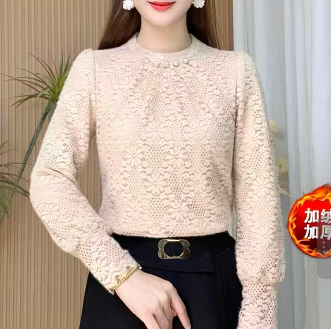 新款时尚百搭加绒加厚打底衫女秋冬洋气减龄蕾丝钉珠内搭上衣长袖