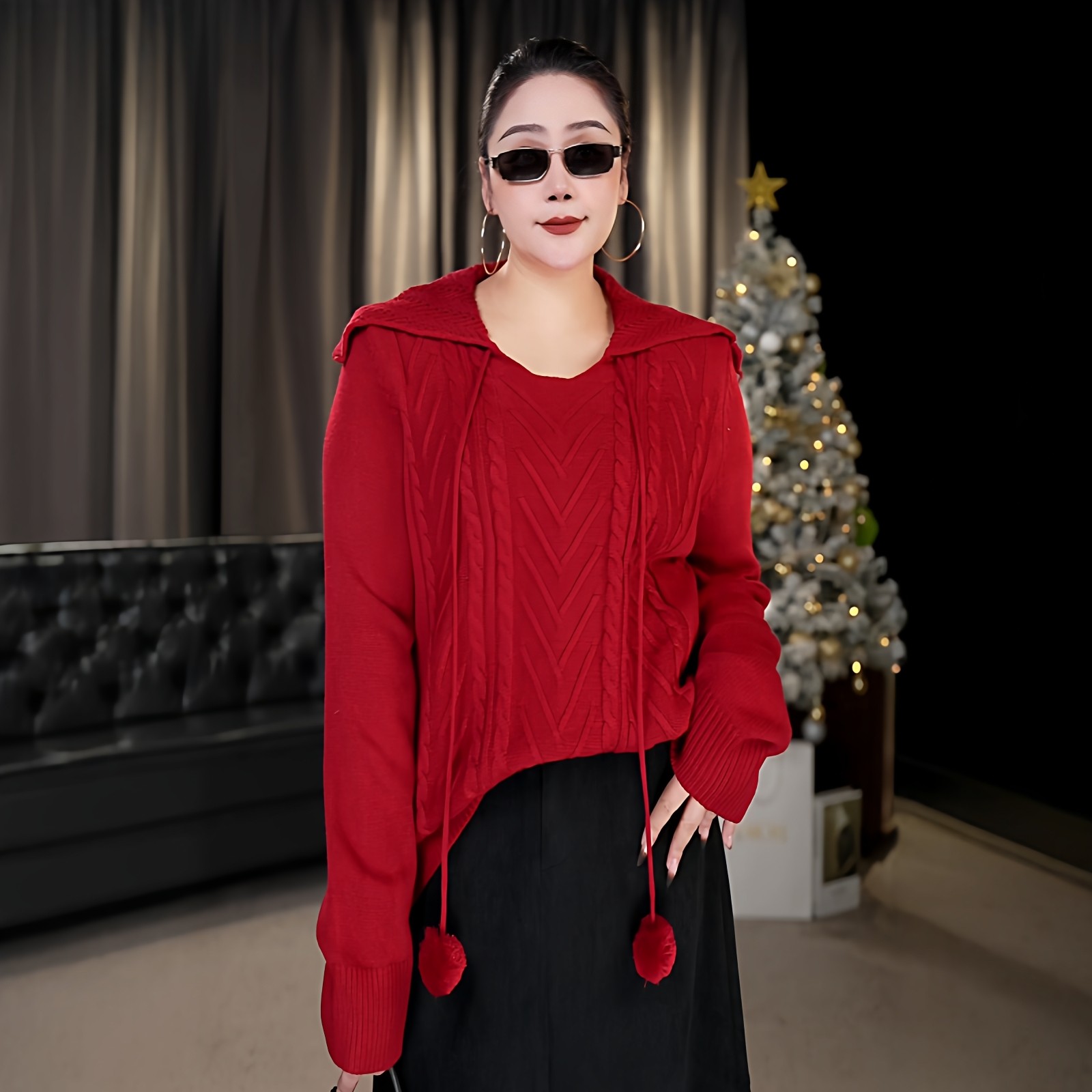 伊馨大码女装冬季装新款胖mm韩系娃娃领宽松显瘦新年红色毛衣上衣