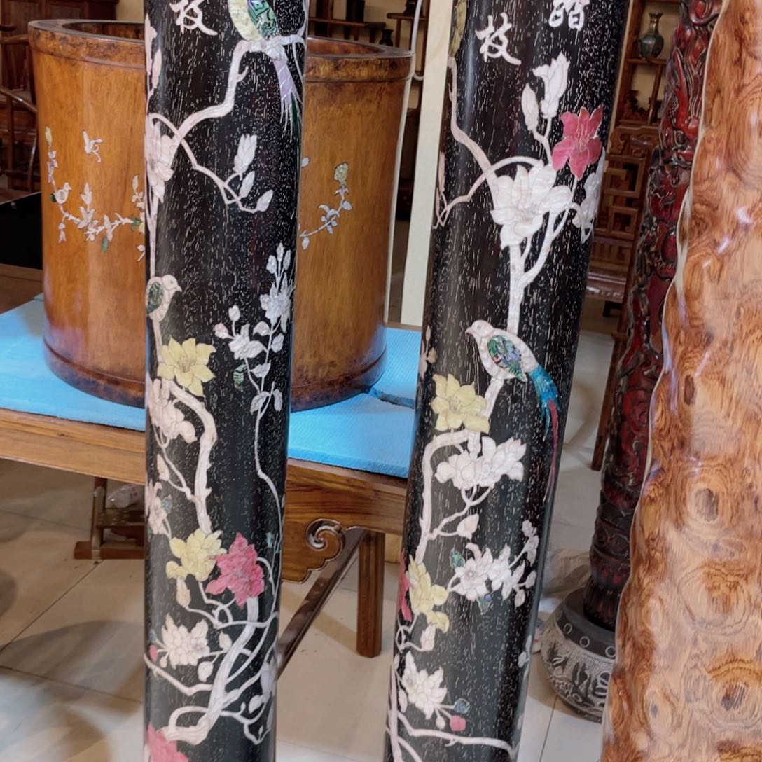 【闪购商品】木国****服紫檀。镶嵌风水柱一对