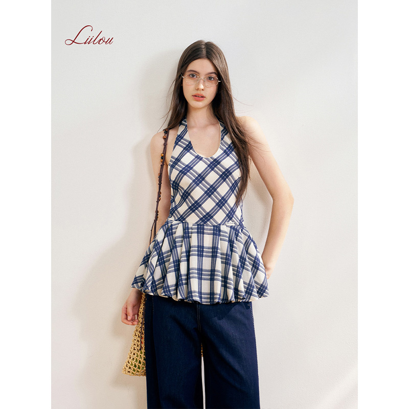 【雪宝专享】Liilou 25ss 藏青格纹露背打揽收腰A字裙摆U领挂脖背心