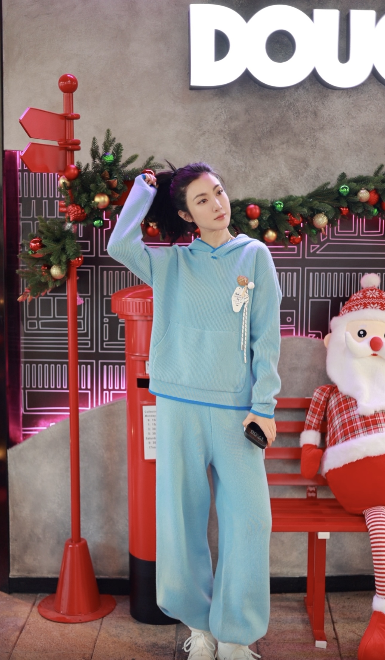 2511133【壁虎姐】GECKO新款 蓝色设计感连帽宽松套头卫衣长裤套装