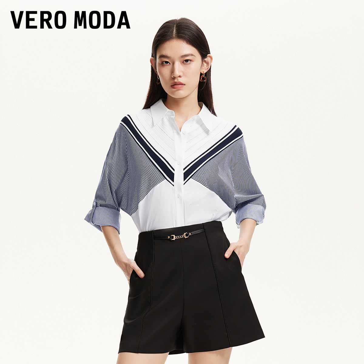 Vero Moda衬衫女2025夏日穿搭新款V字针织拼接弧形下摆325231016