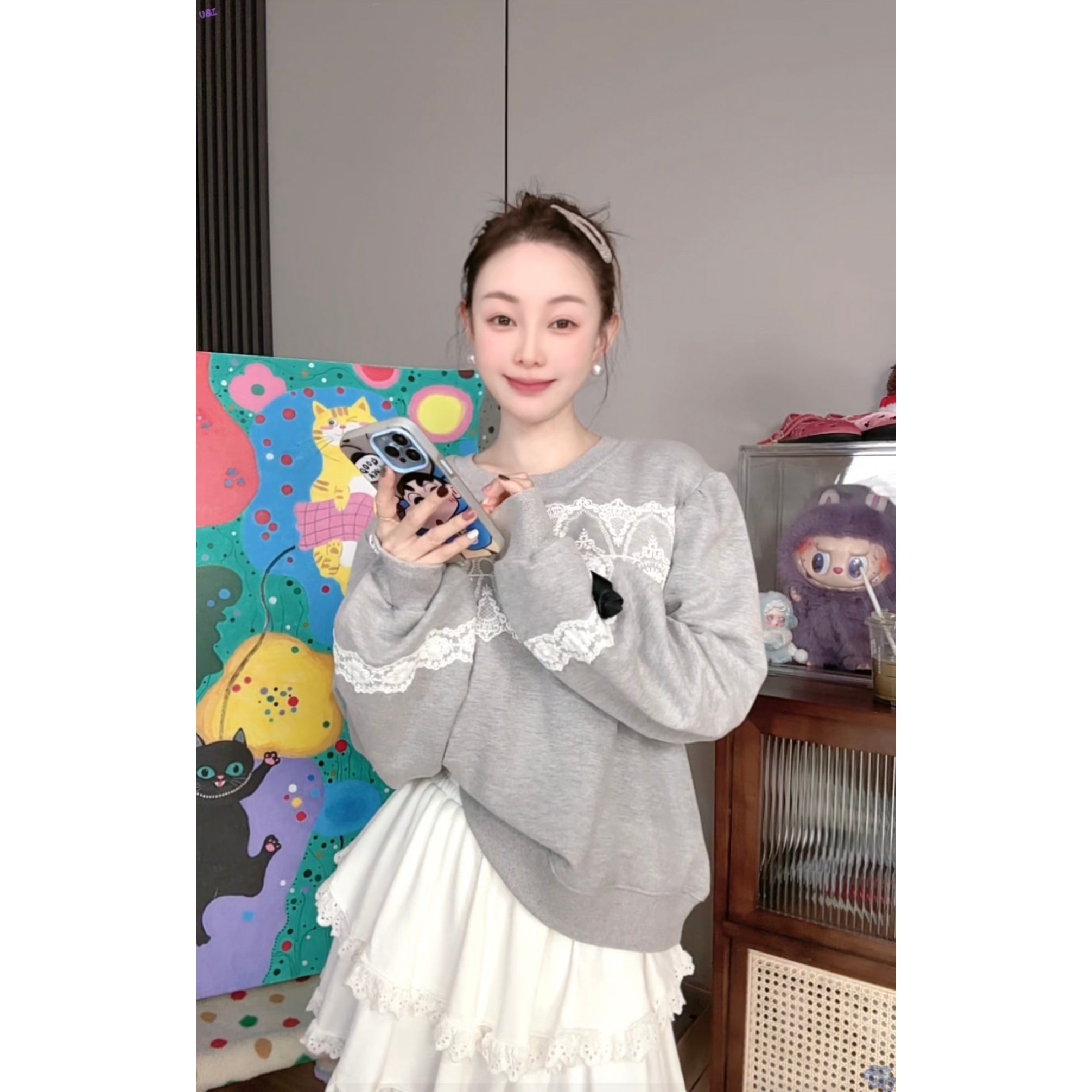 韩国INS时尚博主同款蝴蝶结拼接蕾丝卫衣