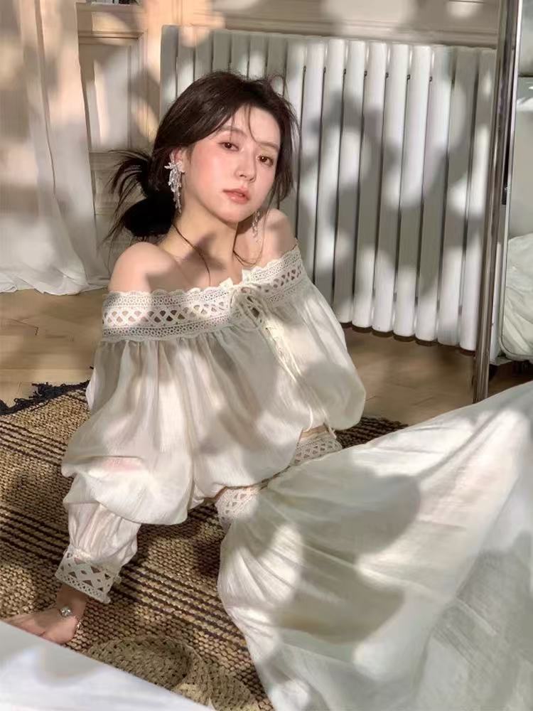 【浮生半日】高级设计感镂空花边一字肩抹胸上衣a摆半裙套装长裙