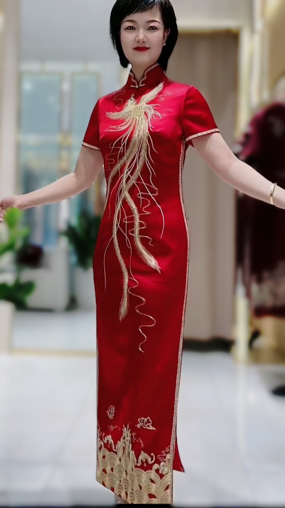 178111六礼酒色三醋酸缎面盘金刺绣金凤呈祥喜婆婆喜妈妈旗袍裙
