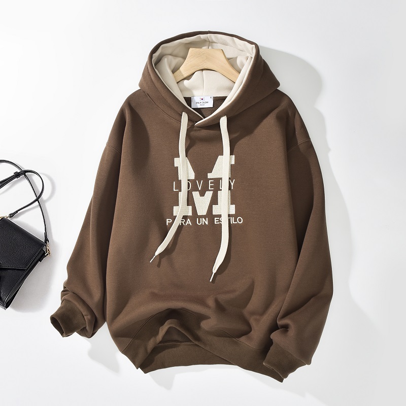 秋冬新款休闲时尚百搭连帽卫衣加绒加厚重工刺绣宽松撞色长袖上衣