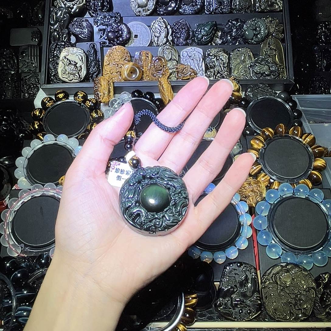 黑曜岩合金手链F***B彩曜石双龙护主