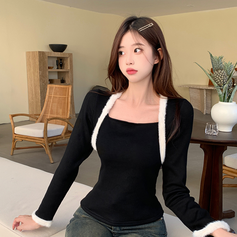 秋冬时尚百搭加绒保暖设计毛毛方领长袖打底内搭上衣